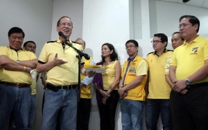 President Benigno S. Aquino III answers questions directed to him during the media briefing after leading the Ceremonial Groundbreaking of the Jalaur River Multi-Purpose Project (JRMP) II at the Iloilo Provincial Capitol in Bonifacio Drive, Iloilo City on Thursday (February 21, 2013). The Php11.21 billion JRMP II is a priority irrigation project of the Department of Agriculture (DA) designed to significantly contribute to sustaining the country's rice self-sufficiency level. Once completed, the irrigation component of the JRMP II will provide year-round irrigation to approximately 32,000 hectares of farm land and benefit more than 783,000 farmers in Iloilo. The JRMP features the construction of three dams – Jalaur Reservoir, Jalaur Afterbay and Alibunan Catch Dam, considered as the first large scale reservoir dam outside Luzon. In photo are Senator Franklin Drilon, Team PNoy Senatoriables former Senator Ramon Magsaysay, Jr., former Akbayan Partylist Representative Ana Theresia “Risa” Hontiveros-Baraquel, Senator Aquilino Martin “Koko” Pimentel III and former National Youth Commission (NYC) chairperson Paolo Benigno “Bam” Aquino IV, Iloilo Governor Arthur Defensor, Sr. and Iloilo 3rd District Representative Arthur Defensor, Jr. (Photo by: Robert Viñas / Malacañang Photo Bureau).