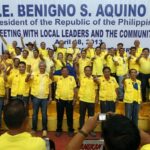 President Benigno S. Aquino III is joined by the Liberal Party candidates from Zamboanga del Norte Province and Dipolog City, headed by reelectionist Dipolog City Mayor Evelyn Uy, Zamboanga del Norte Gubernatorial candidate former Dipolog City Mayor Roberto Uy, Vice Gubernatorial candidate Dipolog City Vice Mayor Senen Angeles, reelectionist Zamboanga del Norte 2nd District Representative Rosendo Labadlabad, 1st District Congressional candidate Vicente Balisado and 3rd District Congressional candidate Isagani Amatong, flashes the Laban “L” sign during the meeting with local leaders and the community at the Dipolog Sports Complex in Barangay Olingan, Dipolog City on Thursday (April 18). LP was founded on January 19, 1946 by Manuel Roxas, the first President of the Third Philippine Republic. (MNS photo)