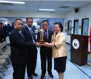 Photo above shows (2nd from L) PC Superintendent Dominador E. Aquino, Jr. presenting a souvenir statue of Lapu-Lapu considered by the PNP as the first Police Warrior to Consul General Maria Hellen Barber De La Vega.