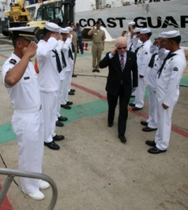 Welcome Aboard. Capt. Ernesto Baldovino, commanding officer of the BRP Ramon Alcaraz (PF-16) welcomes Ambassador Jose L. Cuisia Jr. during a visit to the vessel on Sunday, the eve of its departure for the Philippines. Behind Ambassador Cuisia is Capt. Elson Aguilar, Defense and Naval Attache at the Philippine Embassy in Washington, D.C. (Philippine Embassy Photo by Elmer G. Cato)