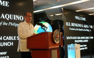 President Benigno S. Aquino III delivers his message during the Globe Southeast Asia-Japan (SJC) Submarine Cable System launching ceremony at The Globe Tower, 7th Avenue corner 32nd Street in Taguig City on Friday (September 27). With the theme: “Explore the World on a String”. Among the main beneficiaries of the Globe-SJC interconnection will be the local business process outsourcing and the outsourcing-off shore sectors, currently regarded as the “sunshine industries” in the country. (MNS photo)