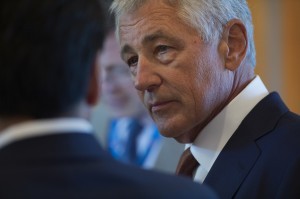 U.S. Defense Secretary Chuck Hagel meets with Japanese Defense Minister Itsunori Onodera at the Empire Hotel in Jerudong, Brunei, Aug. 28, 2013. DOD photo by U.S. Marine Corps Sgt. Aaron Hostutler