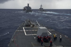 PHILIPPINE SEA (Sept. 18, 2013) Sailors assigned to the Arleigh Burke-class guided-missile destroyer USS Preble (DDG 88) prepare for an underway replenishment as the guided-missile destroyer USS Curtis Wilbur (DDG 54) conducts an underway replenishment with the Military Sealift Command fleet replenishment oiler USNS Yukon (T-AO 2). Preble and Curtis Wilbur are on patrol with the George Washington Carrier Strike Group in the U.S. 7th Fleet area of responsibility supporting security and stability in the Indo-Asia-Pacific region. U.S. Navy photo by Mass Communication Specialist 3rd Class Paul Kelly