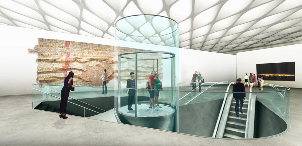Third floor gallery entrance with escalator, circular glass elevator and stairwell; image courtesy of The Broad and Diller Scofidio + Renfro