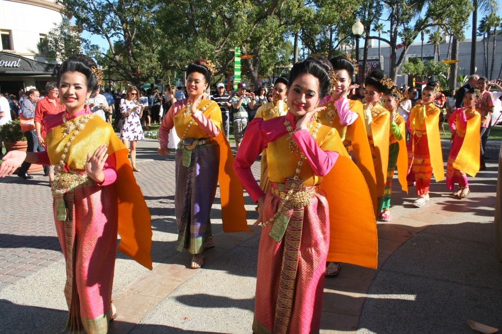 Thai girls in their traditional costumes entertain guests at the food festival inside Paramount Pictures in Hollywood.
