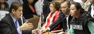 Senator Teofisto Guingona III, chairman of the Senate Blue Ribbon Committee, poses questions to Janet Lim-Napoles, alleged pork barrel scam mastermind during the hearing on Thursday (Nov. 7, 2013) at the Senate building in Pasay City. (MNS photo)