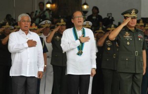 President Benigno S. Aquino III leads the Flag Raising and Awarding Ceremony at the GHQ Canopy, Camp General Emilio Aguinaldo in Quezon City on Monday (November 04, 2013). The Commander-in-Chief honors the men in uniform who gallantly fought to rescue civilian hostages from the Moro National Liberation Front (MNLF) – Misuari faction during the three-week Zambonga City siege last September. In photo are Defense Secretary Voltaire Gazmin and Armed Forces of the Philippines (AFP) Chief of Staff General Emmanuel Bautista.(MNS photo)