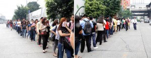 A more or less one kilometer of long line of Metro Rail Transit (MRT) commuters are patiently waiting for their turn to catch the train for their destinations at North Edsa South bound station 9 a.m. Monday (Jan. 13), 2014). MRT security is visible to assist and guide passengers for their safety. (MNS photo)