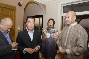 California State Senator Leland Yee (second from left) with co-accused Dr. Wilson Lim (leftmost) during a recent in Southern California, where Yee has been courting votes from the Filipino-American community for his supposed run for the California Secretary of State post. Others in photo are civic leader Malou Mariano and thespian Bernardo Bernardo during a reception in Yee's honor in Long Beach.