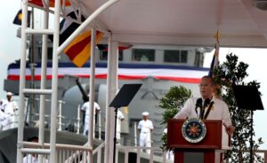 President Benigno S. Aquino III delivers his speech during the Philippine Navy Change of Command and Retirement Ceremony of Vice Admiral Jose Luis Alano at the Capt. Salvo Pier in Sangley Point, Cavite City on Wednesday (April 30). The Commander in Chief appoints Rear Admiral Jesus Millan as the 34th Flag Officer in Command after his predecessor Alano retires from the military service. Millan is a member of the Philippine Military Academy “Sandigan” Class of 1982. (MNS photo)